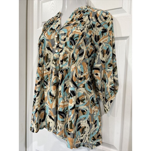 Notations Plus Size 1X Turquoise Gray Abstract Print Blouse Tunic Stretch Knit - Picture 2 of 8
